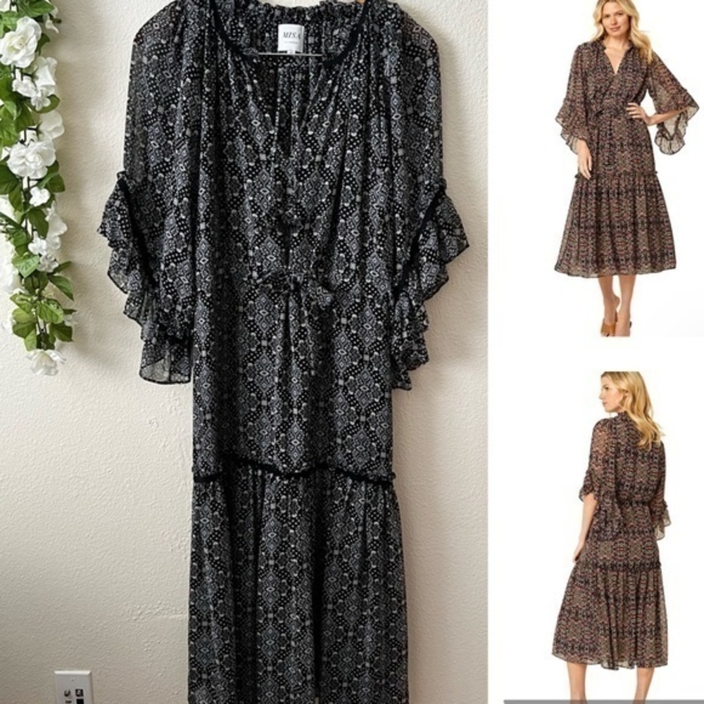 MISA Black Paisley Abstract Marcele Ruffle Sleeve Midi Dress